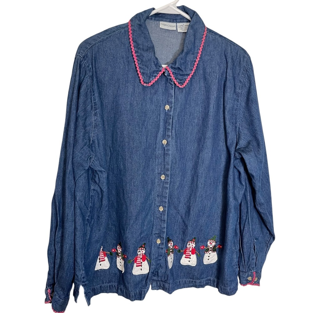 Cabin Creek 1X Blue Denim Button Down Snowman Embroidered Rickrack Grandma Core